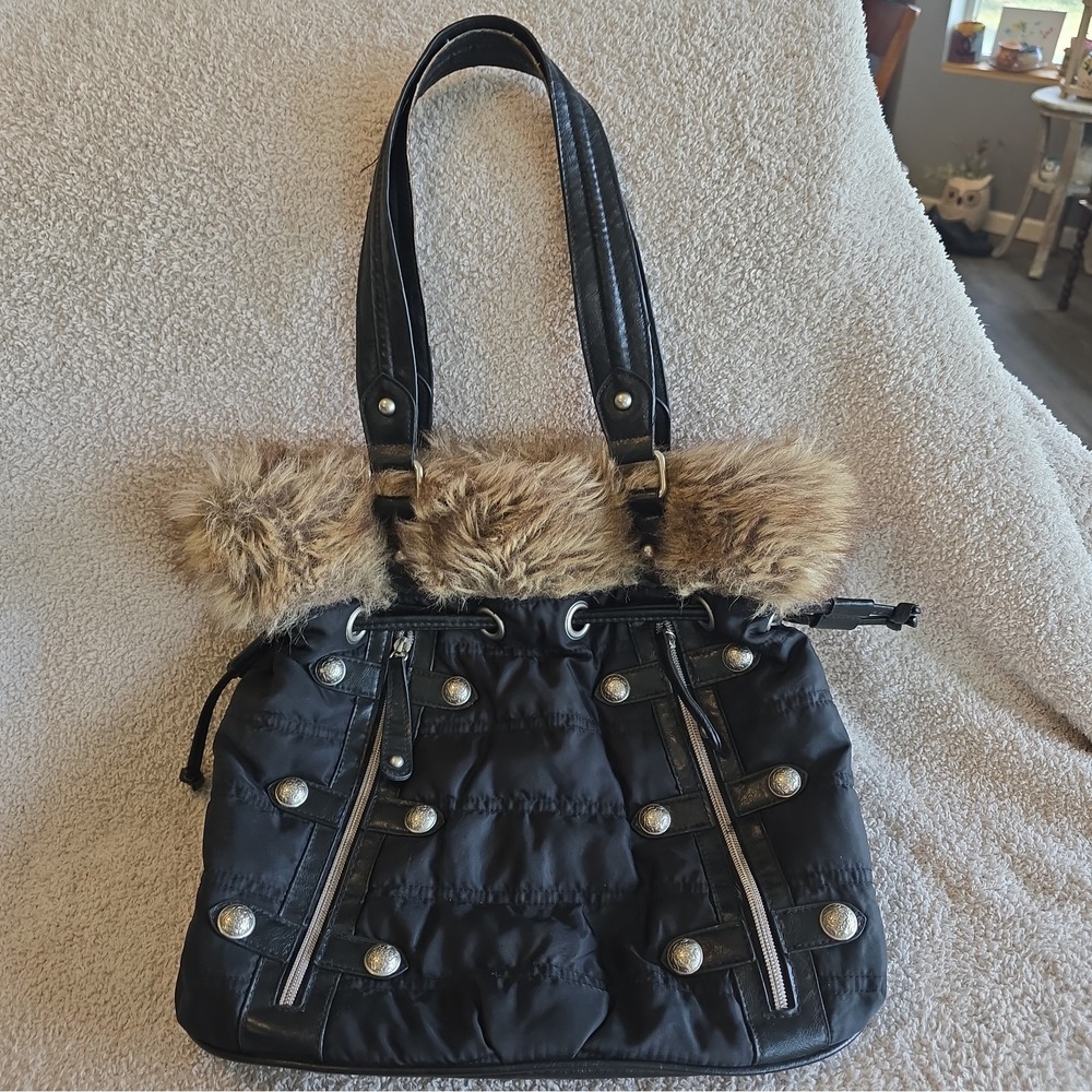 Stella & Max Quilted Faux-Fur Trim Shoulder Bag Purse Black Y2K Western Biker